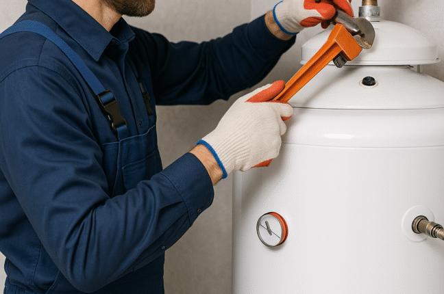 A technician installing a hot eater heater in Denver Co