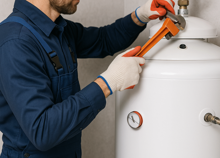 A technician installing a hot eater heater in Denver Co